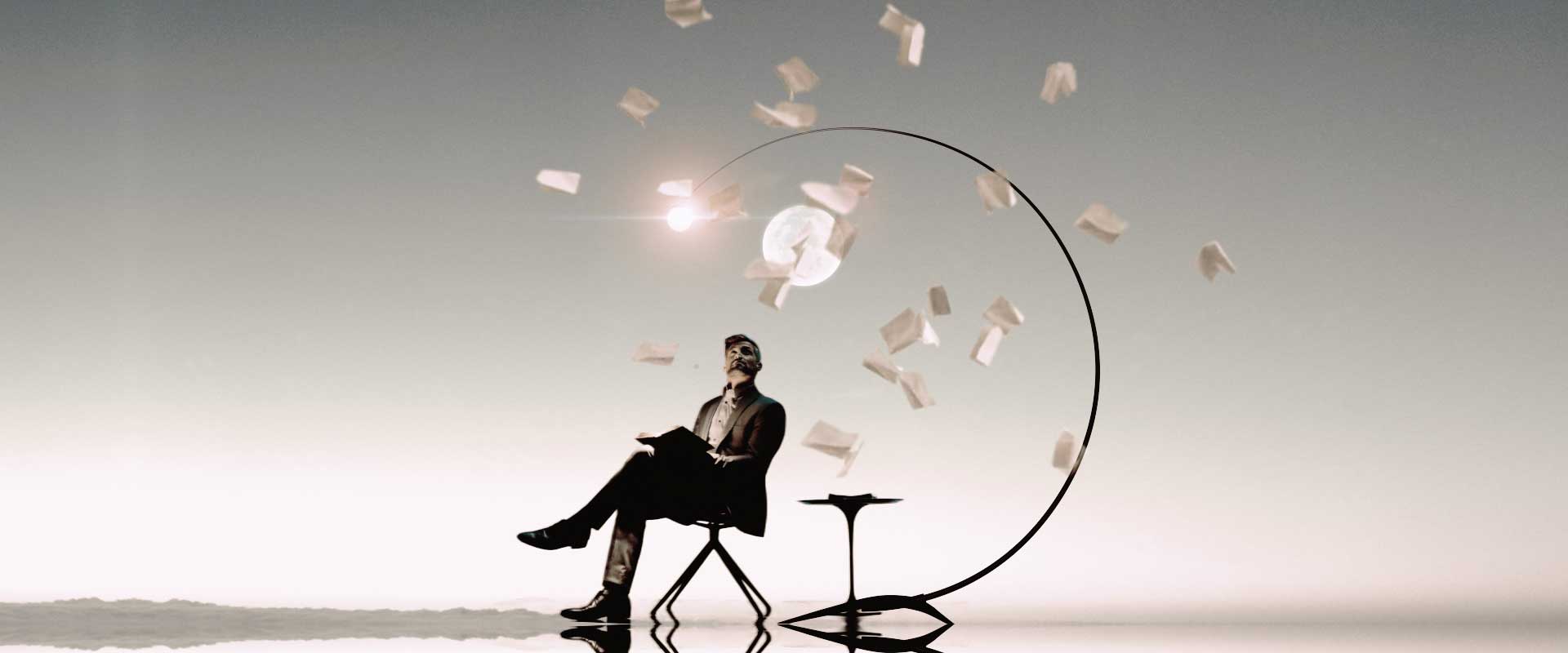 Man watching flying papers. Still from Lexus LX2016 Commercial.
