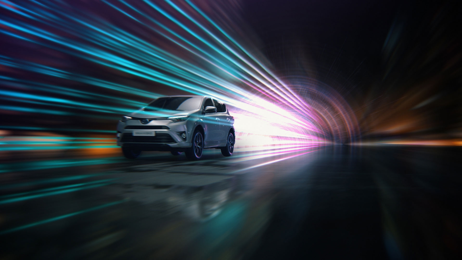 Car in motion with special effects. Still from Toyota RAV4.